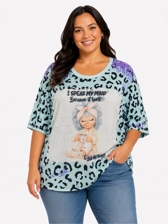 Hippie Pixie Tops - Plus Size Mint Leopard Short Sleeve Graphic Tee with Purple Accents